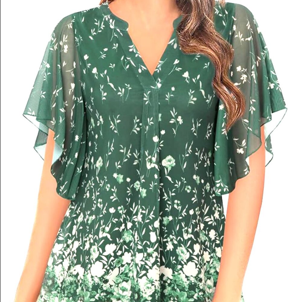 Timeson Women's Short Sleeve V Neck Blouse Double Layers Mesh Tunic Top